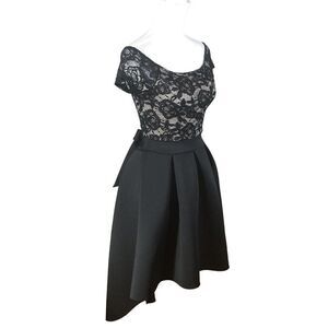 January 7 Black High Low Dress Large Lace Overlay Bodice Pleated Full Skirt Prom